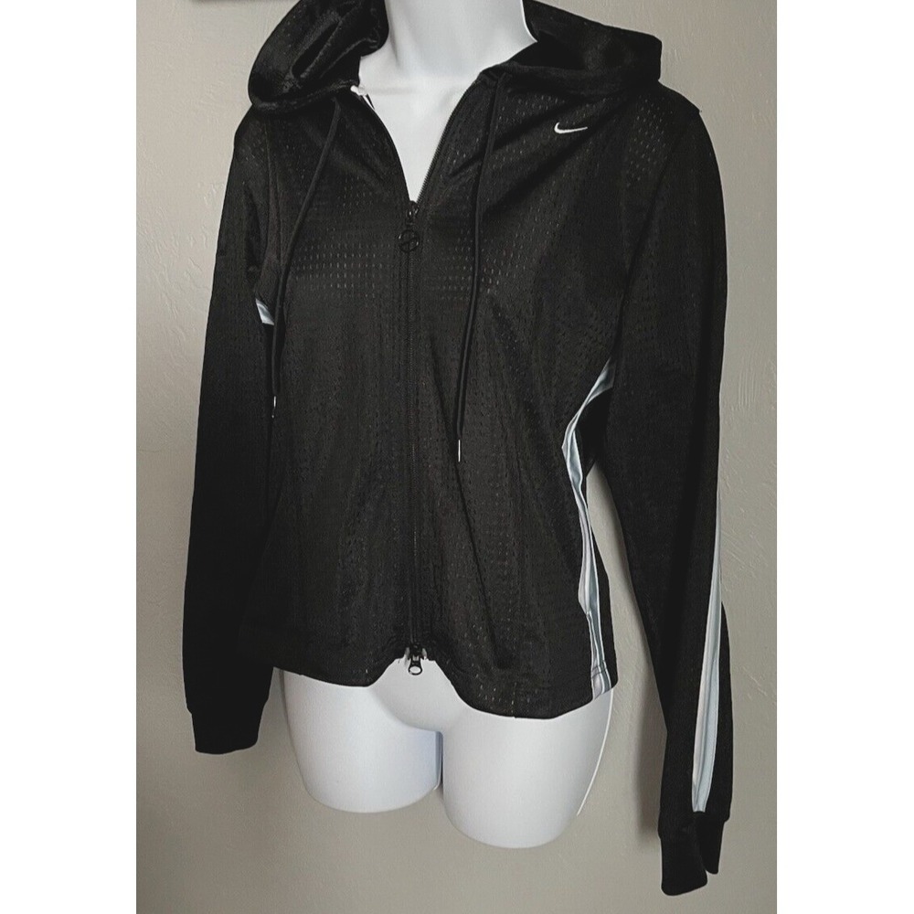 NIKE Jacket Black Womens Medium Hooded White Blue Stripe Double Full Zipper